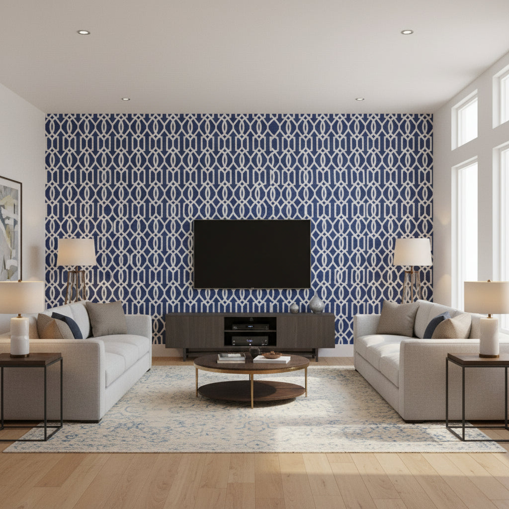 Downing Gate Navy Printed Fabrics | Thibaut - Living Room Visualization (AI-generated, may not be to scale. Verify pattern scale with product specifications.)