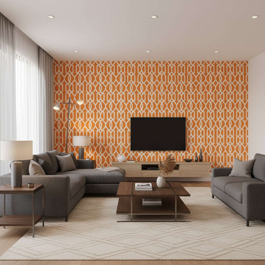 Downing Gate Tangerine Printed Fabrics | Thibaut - Living Room Visualization (AI-generated, may not be to scale. Verify pattern scale with product specifications.)