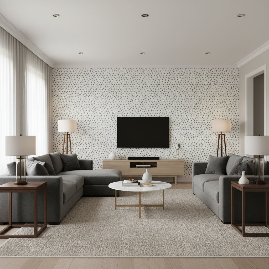 Tanzania Grey Printed Fabrics | Thibaut - Living Room Visualization (AI-generated, may not be to scale. Verify pattern scale with product specifications.)
