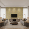 Damask Resource 3 Metallic Gold Metallic Gold | Thibaut - Living Room Visualization (AI-generated, may not be to scale. Verify pattern scale with product specifications.)