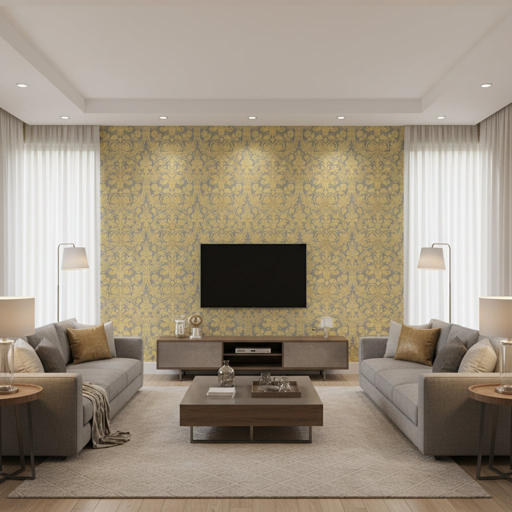 Damask Resource 3 Metallic Gold Metallic Gold | Thibaut - Living Room Visualization (AI-generated, may not be to scale. Verify pattern scale with product specifications.)