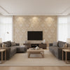 Damask Resource 3 Taupe Taupe | Thibaut - Living Room Visualization (AI-generated, may not be to scale. Verify pattern scale with product specifications.)