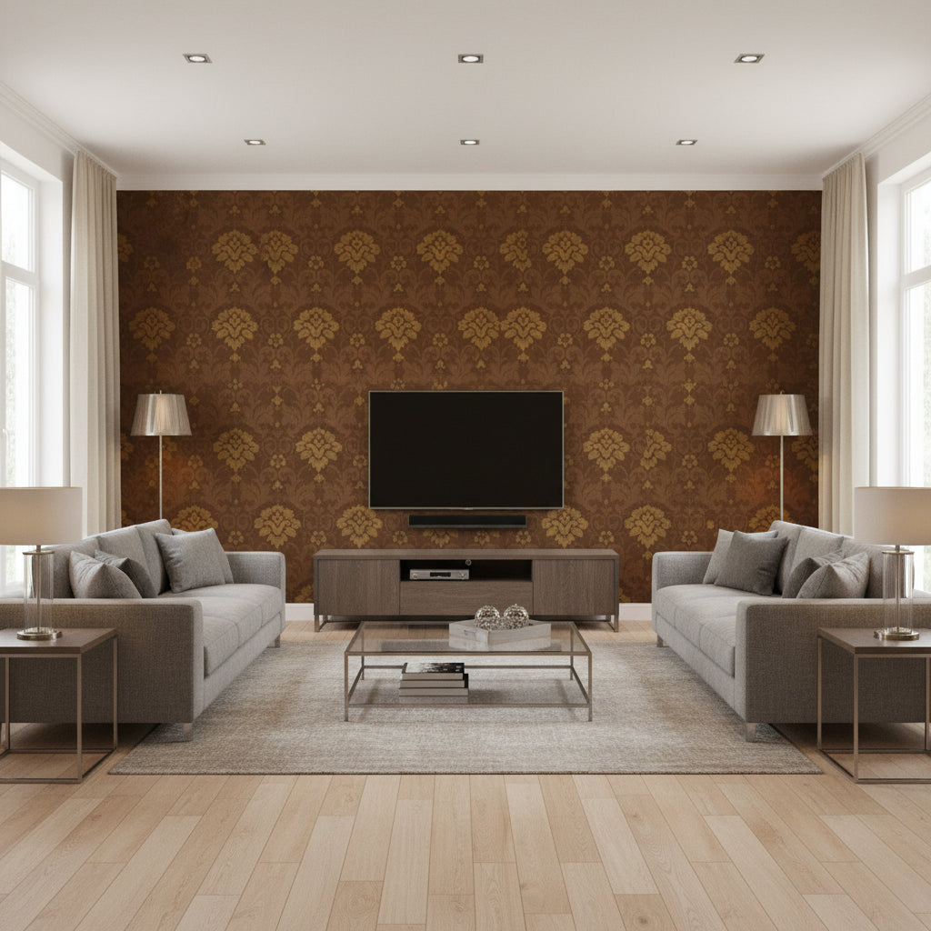 Damask Resource 3 Brown Brown | Thibaut - Living Room Visualization (AI-generated, may not be to scale. Verify pattern scale with product specifications.)