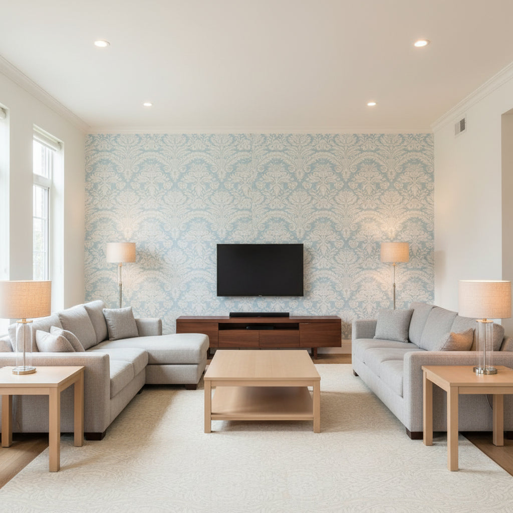 Damask Resource 3 Light Blue Light Blue | Thibaut - Living Room Visualization (AI-generated, may not be to scale. Verify pattern scale with product specifications.)