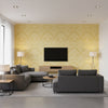 Damask Resource 3 Yellow Yellow | Thibaut - Living Room Visualization (AI-generated, may not be to scale. Verify pattern scale with product specifications.)