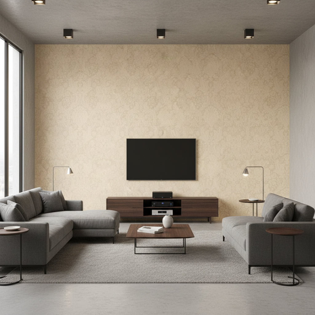 Wallcoverings Cream Cream | Thibaut - Living Room Visualization (AI-generated, may not be to scale. Verify pattern scale with product specifications.)