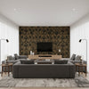 Damask Resource 3 Black on Metallic Gold Black on Metallic Gold | Thibaut - Living Room Visualization (AI-generated, may not be to scale. Verify pattern scale with product specifications.)