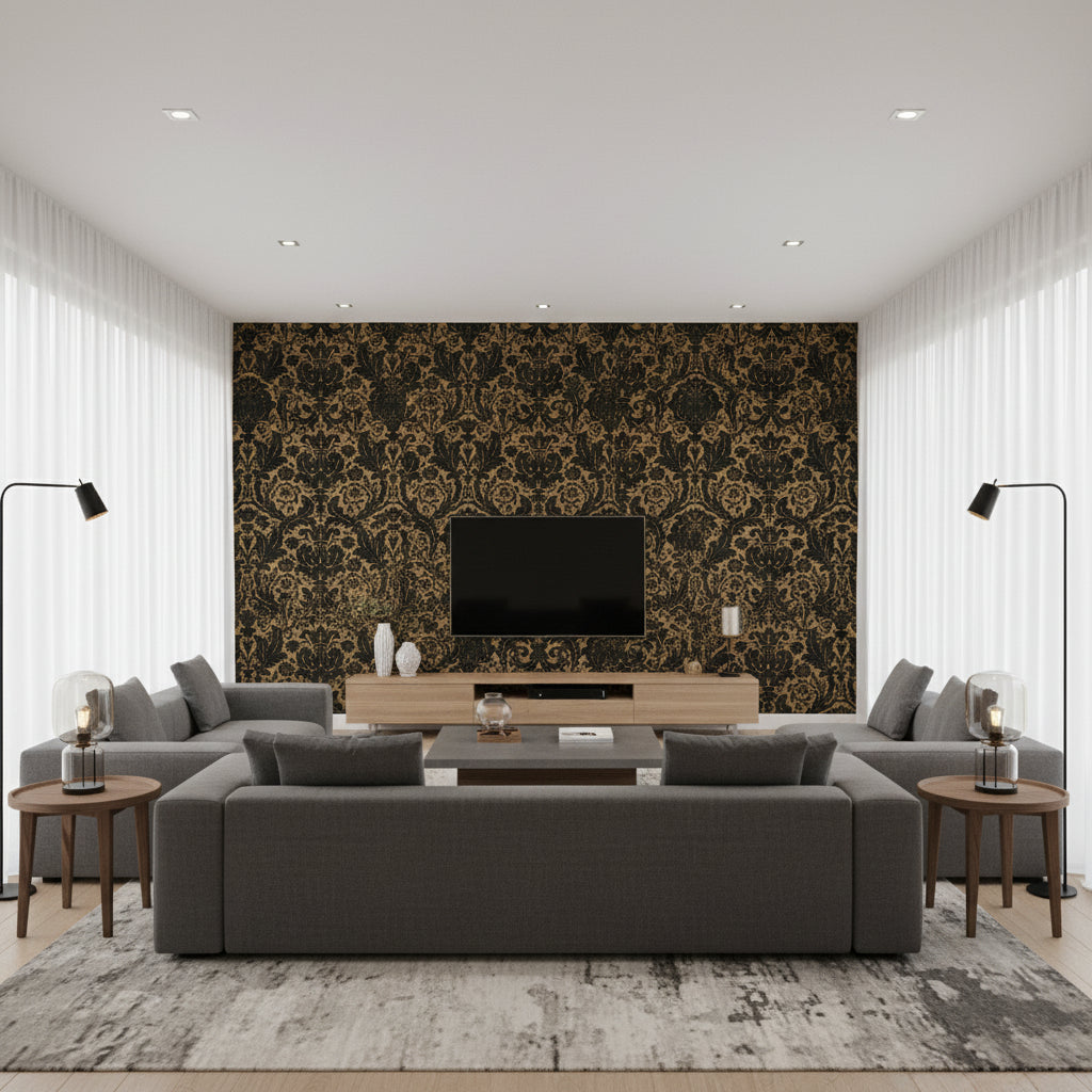 Damask Resource 3 Black on Metallic Gold Black on Metallic Gold | Thibaut - Living Room Visualization (AI-generated, may not be to scale. Verify pattern scale with product specifications.)
