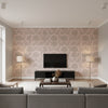 Damask Resource 3 Lilac Lilac | Thibaut - Living Room Visualization (AI-generated, may not be to scale. Verify pattern scale with product specifications.)