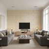 Damask Resource 3 Metallic Pearl on White Metallic Pearl on White | Thibaut - Living Room Visualization (AI-generated, may not be to scale. Verify pattern scale with product specifications.)