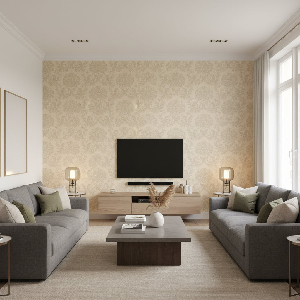 Damask Resource 3 Metallic Pearl on White Metallic Pearl on White | Thibaut - Living Room Visualization (AI-generated, may not be to scale. Verify pattern scale with product specifications.)