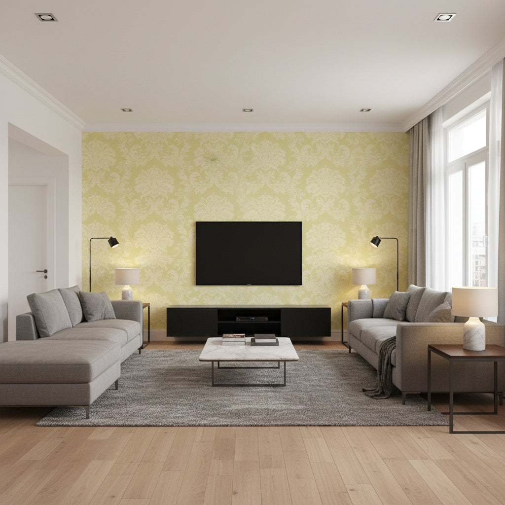 Damask Resource 3 Green Green | Thibaut - Living Room Visualization (AI-generated, may not be to scale. Verify pattern scale with product specifications.)