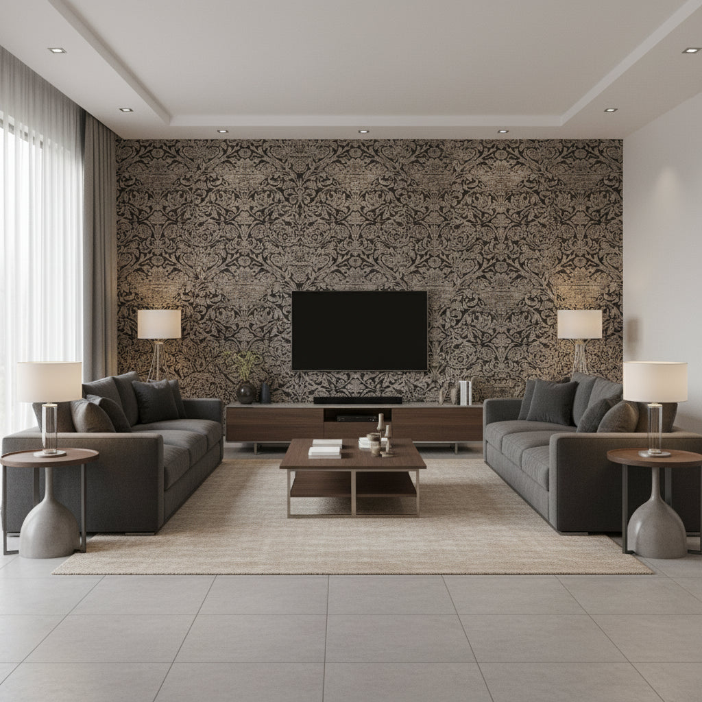 Damask Resource 3 Black Black | Thibaut - Living Room Visualization (AI-generated, may not be to scale. Verify pattern scale with product specifications.)