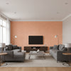 Medici Pink Champagne coral | Thibaut - Living Room Visualization (AI-generated, may not be to scale. Verify pattern scale with product specifications.)