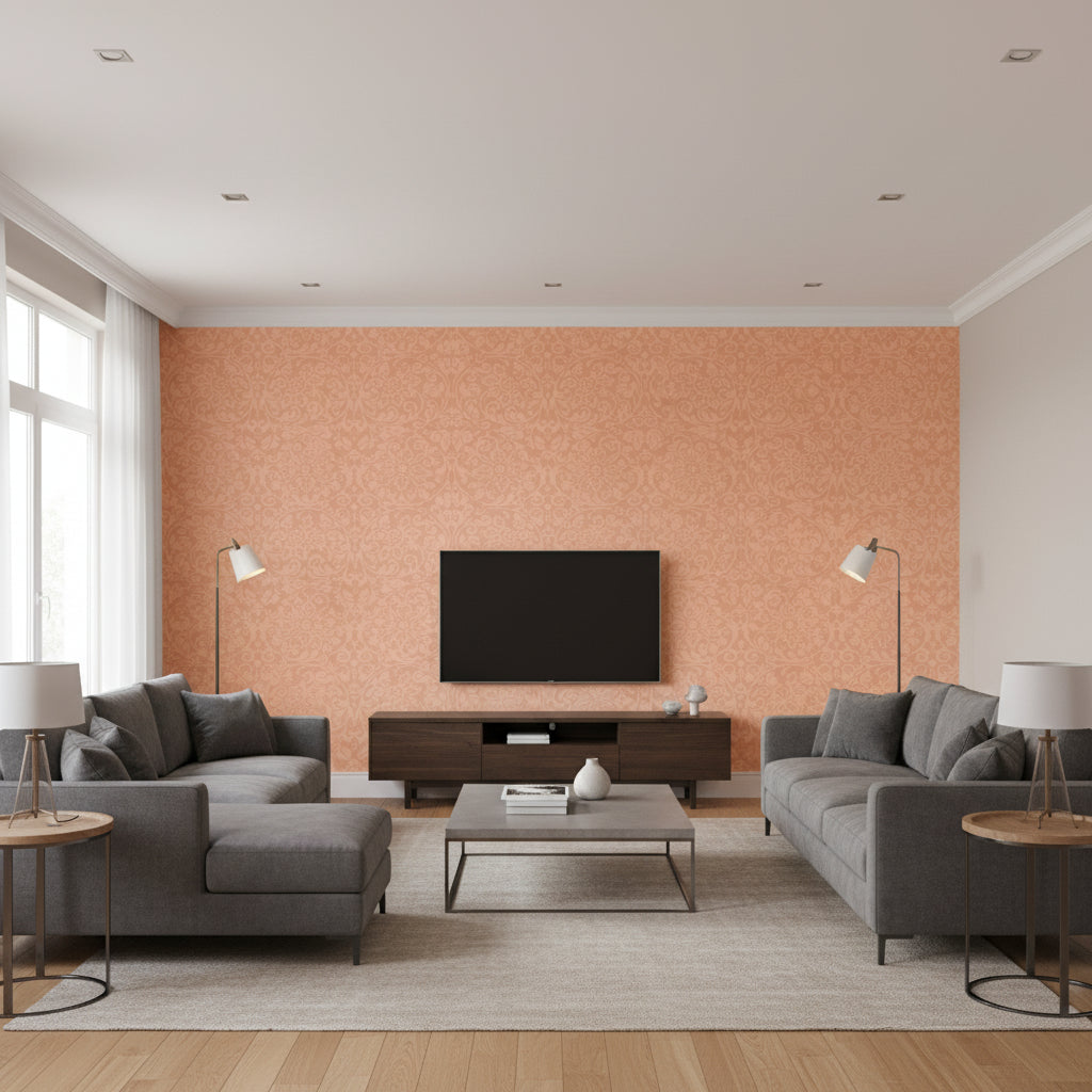 Medici Pink Champagne coral | Thibaut - Living Room Visualization (AI-generated, may not be to scale. Verify pattern scale with product specifications.)