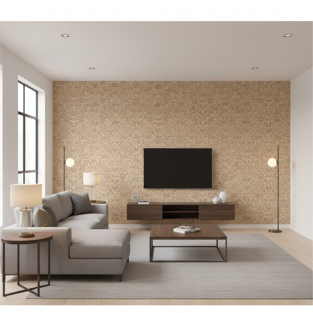 Medici Taupe Taupe | Thibaut - Living Room Visualization (AI-generated, may not be to scale. Verify pattern scale with product specifications.)
