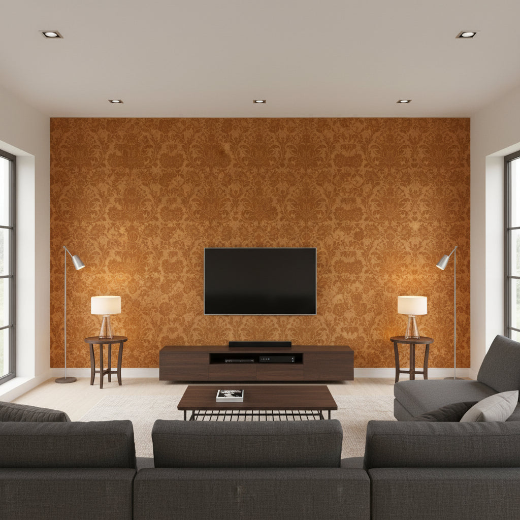 Medici Metallic Gold brown | Thibaut - Living Room Visualization (AI-generated, may not be to scale. Verify pattern scale with product specifications.)