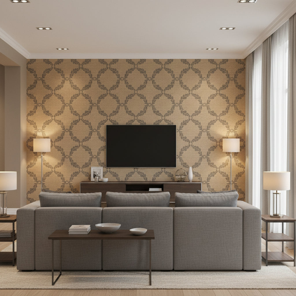 Medici Brown Brown | Thibaut - Living Room Visualization (AI-generated, may not be to scale. Verify pattern scale with product specifications.)