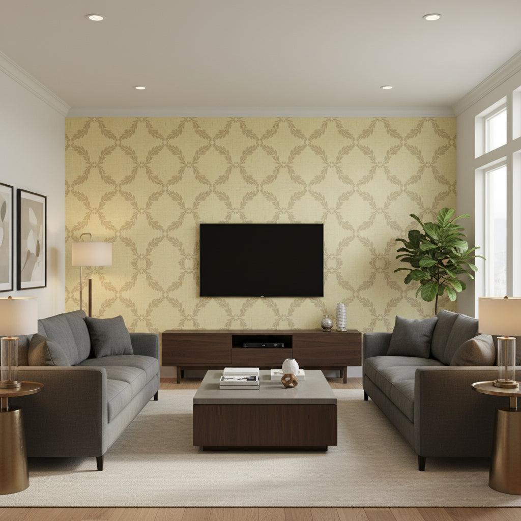 Medici Sage Sage | Thibaut - Living Room Visualization (AI-generated, may not be to scale. Verify pattern scale with product specifications.)