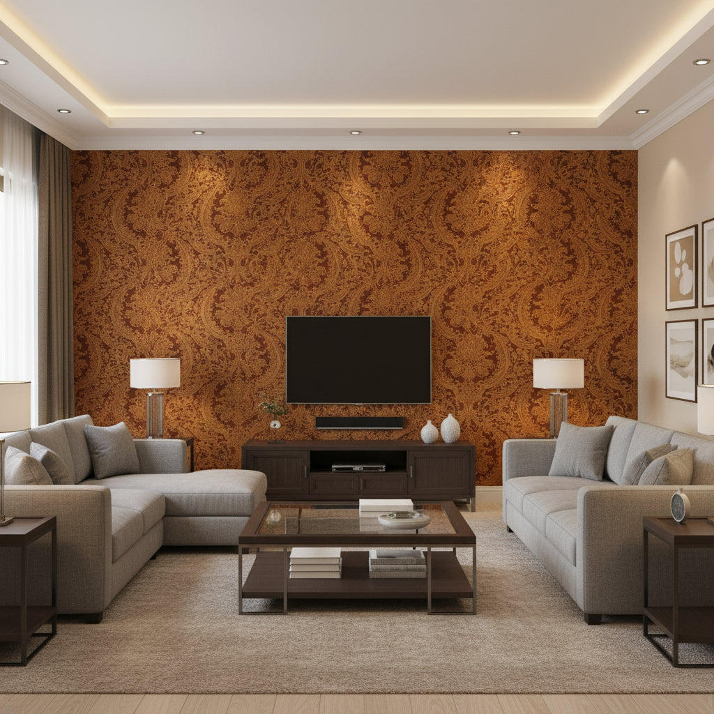 Medici Brown Brown | Thibaut - Living Room Visualization (AI-generated, may not be to scale. Verify pattern scale with product specifications.)