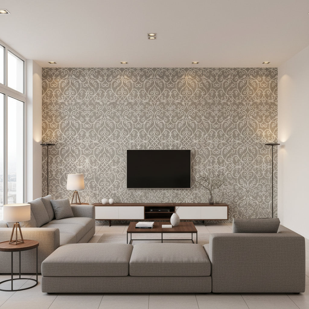 Medici Silver Silver | Thibaut - Living Room Visualization (AI-generated, may not be to scale. Verify pattern scale with product specifications.)