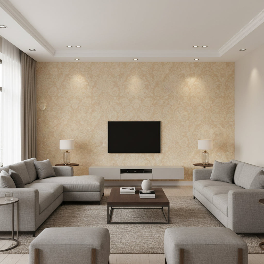 Medici Beige Beige | Thibaut - Living Room Visualization (AI-generated, may not be to scale. Verify pattern scale with product specifications.)