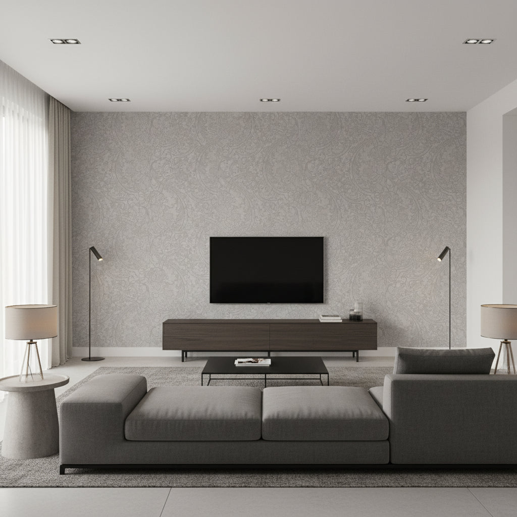 Medici Metallic Silver Metallic Silver | Thibaut - Living Room Visualization (AI-generated, may not be to scale. Verify pattern scale with product specifications.)