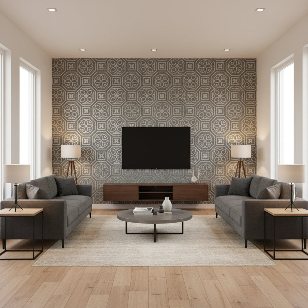 Herringbone Weave Silver on Charcoal Silver on Charcoal | Thibaut - Living Room Visualization (AI-generated, may not be to scale. Verify pattern scale with product specifications.)