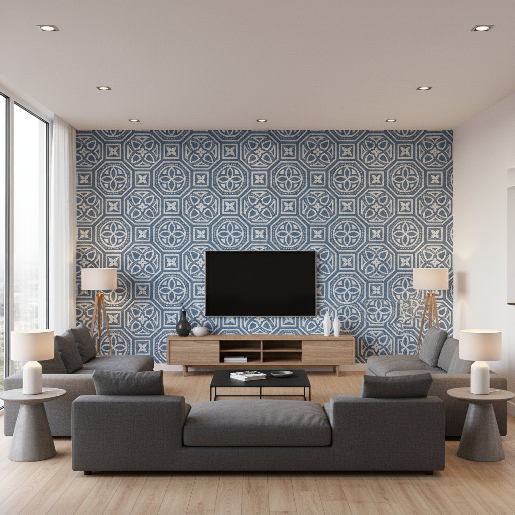 Herringbone Weave Metallic Silver on Navy Metallic Silver on Navy | Thibaut - Living Room Visualization (AI-generated, may not be to scale. Verify pattern scale with product specifications.)