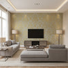 Metal Linen Metallic Metallic Gold on Aqua Metallic Gold on Aqua | Thibaut - Living Room Visualization (AI-generated, may not be to scale. Verify pattern scale with product specifications.)