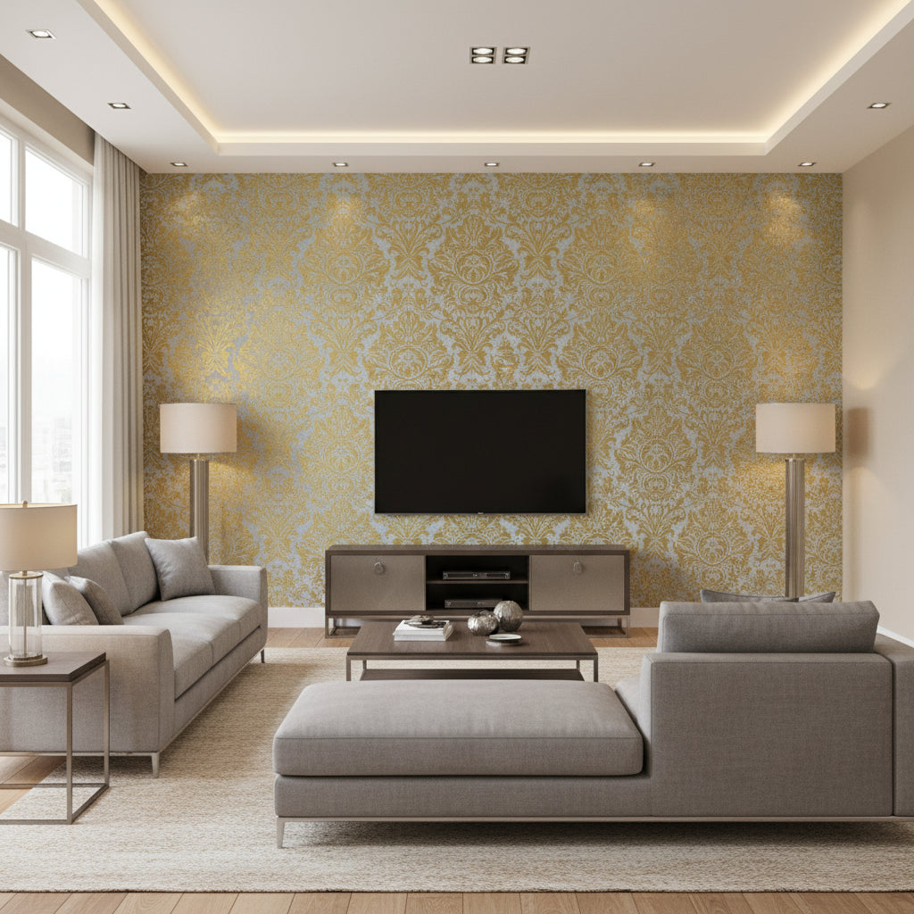 Metal Linen Metallic Metallic Gold on Aqua Metallic Gold on Aqua | Thibaut - Living Room Visualization (AI-generated, may not be to scale. Verify pattern scale with product specifications.)