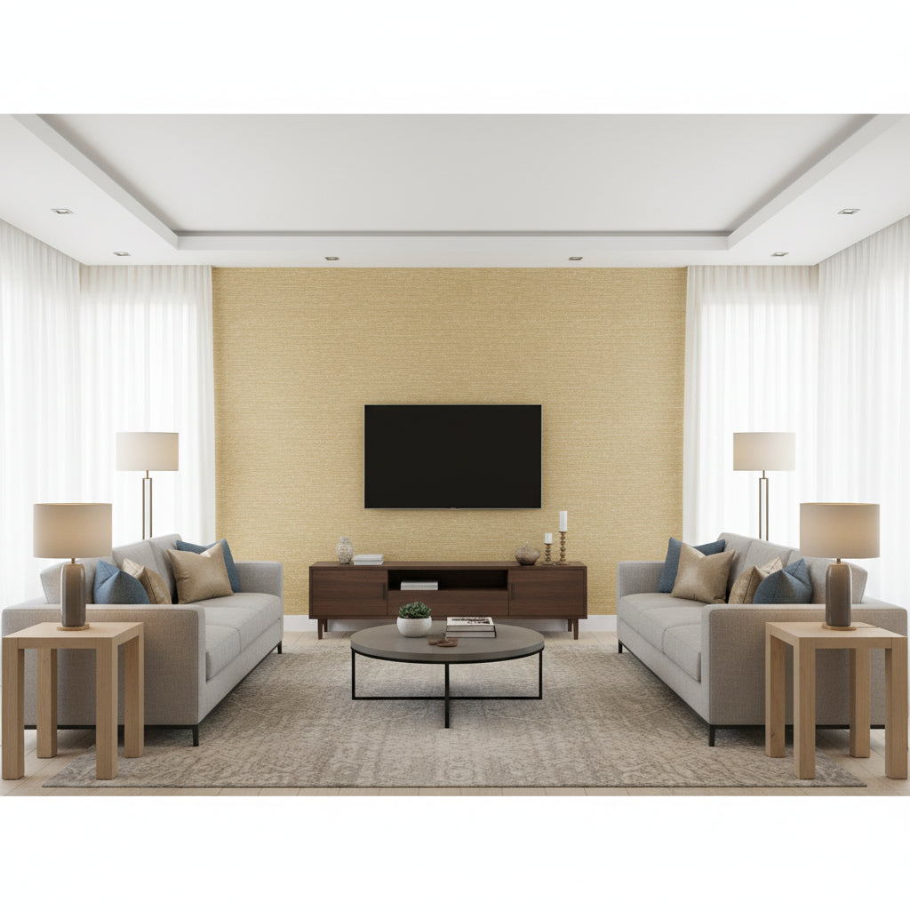 Highline Metallic Gold Metallic Gold | Thibaut - Living Room Visualization (AI-generated, may not be to scale. Verify pattern scale with product specifications.)