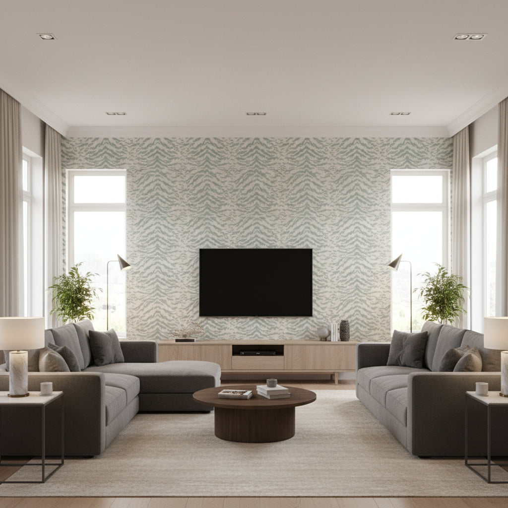 Tiger Flock Light Grey Light Grey | Thibaut - Living Room Visualization (AI-generated, may not be to scale. Verify pattern scale with product specifications.)