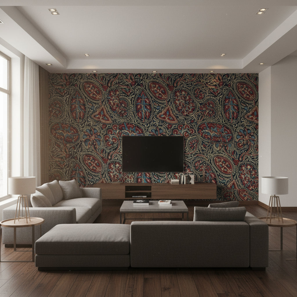Cochin Navy and Red Navy and Red | Thibaut - Living Room Visualization (AI-generated, may not be to scale. Verify pattern scale with product specifications.)