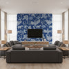 Goa Blue Blue | Thibaut - Living Room Visualization (AI-generated, may not be to scale. Verify pattern scale with product specifications.)