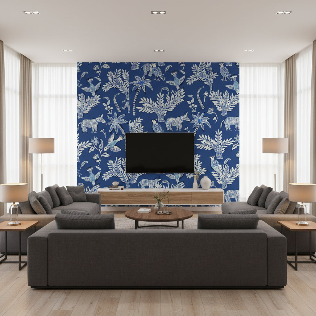 Goa Blue Blue | Thibaut - Living Room Visualization (AI-generated, may not be to scale. Verify pattern scale with product specifications.)