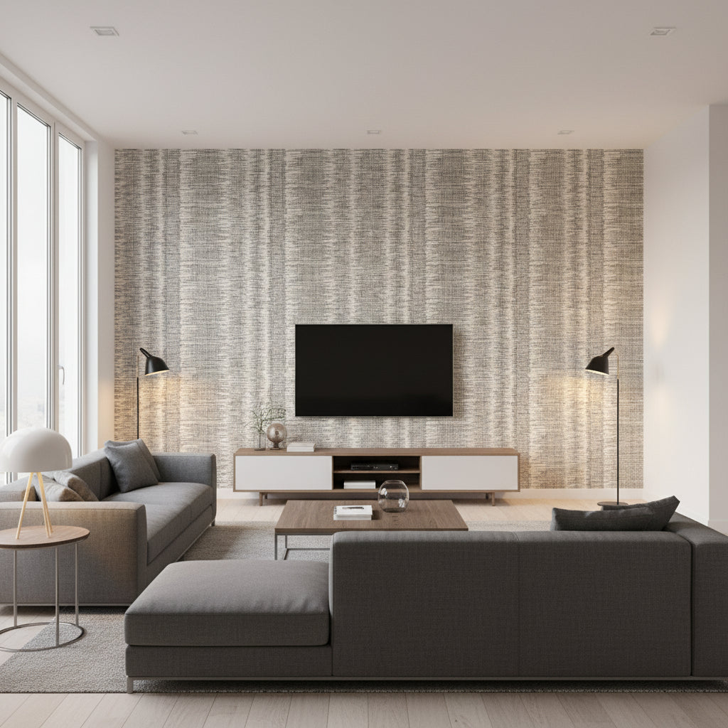 Danube Ikat Charcoal Charcoal | Thibaut - Living Room Visualization (AI-generated, may not be to scale. Verify pattern scale with product specifications.)