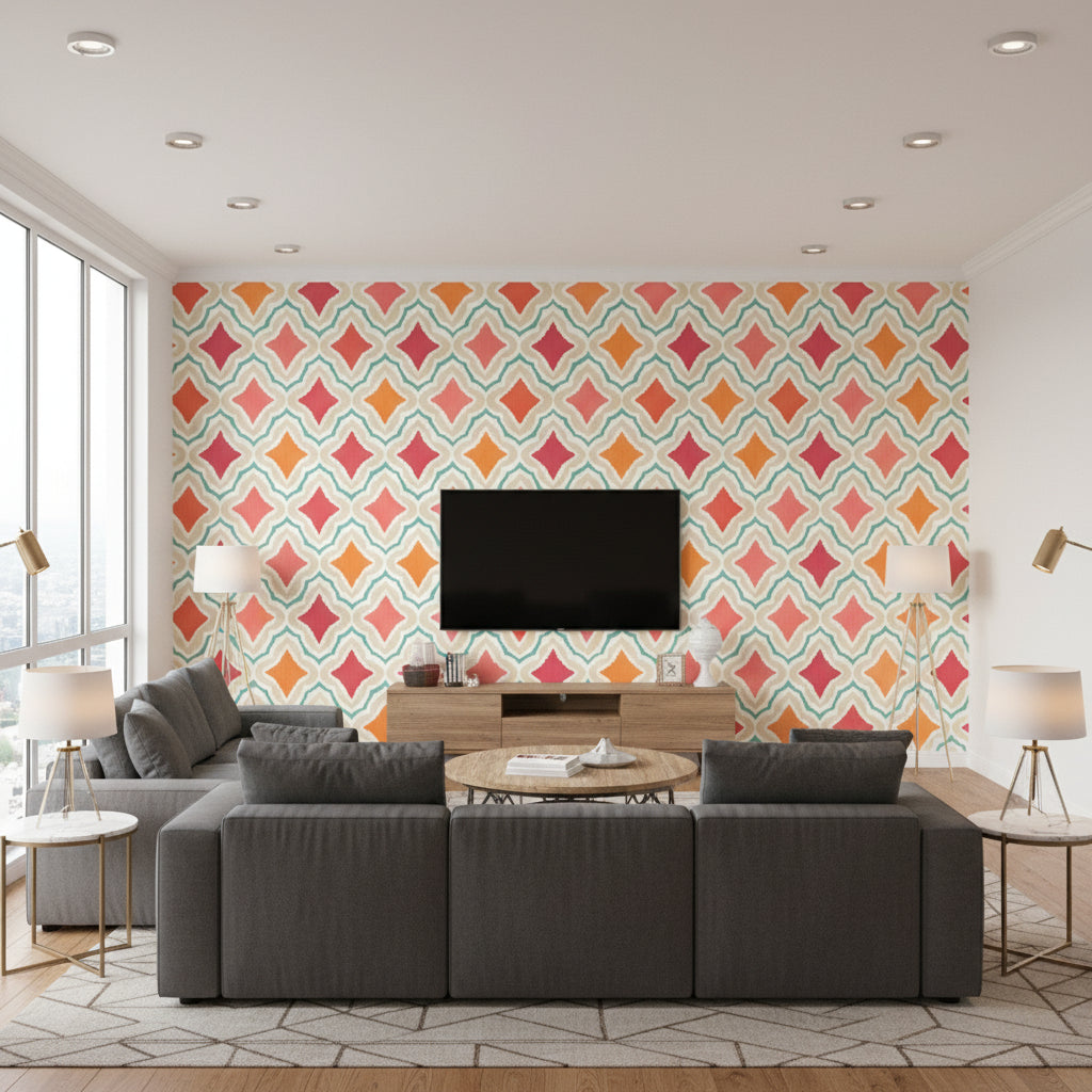 Danube Ikat Orange and Pink Orange and Pink | Thibaut - Living Room Visualization (AI-generated, may not be to scale. Verify pattern scale with product specifications.)