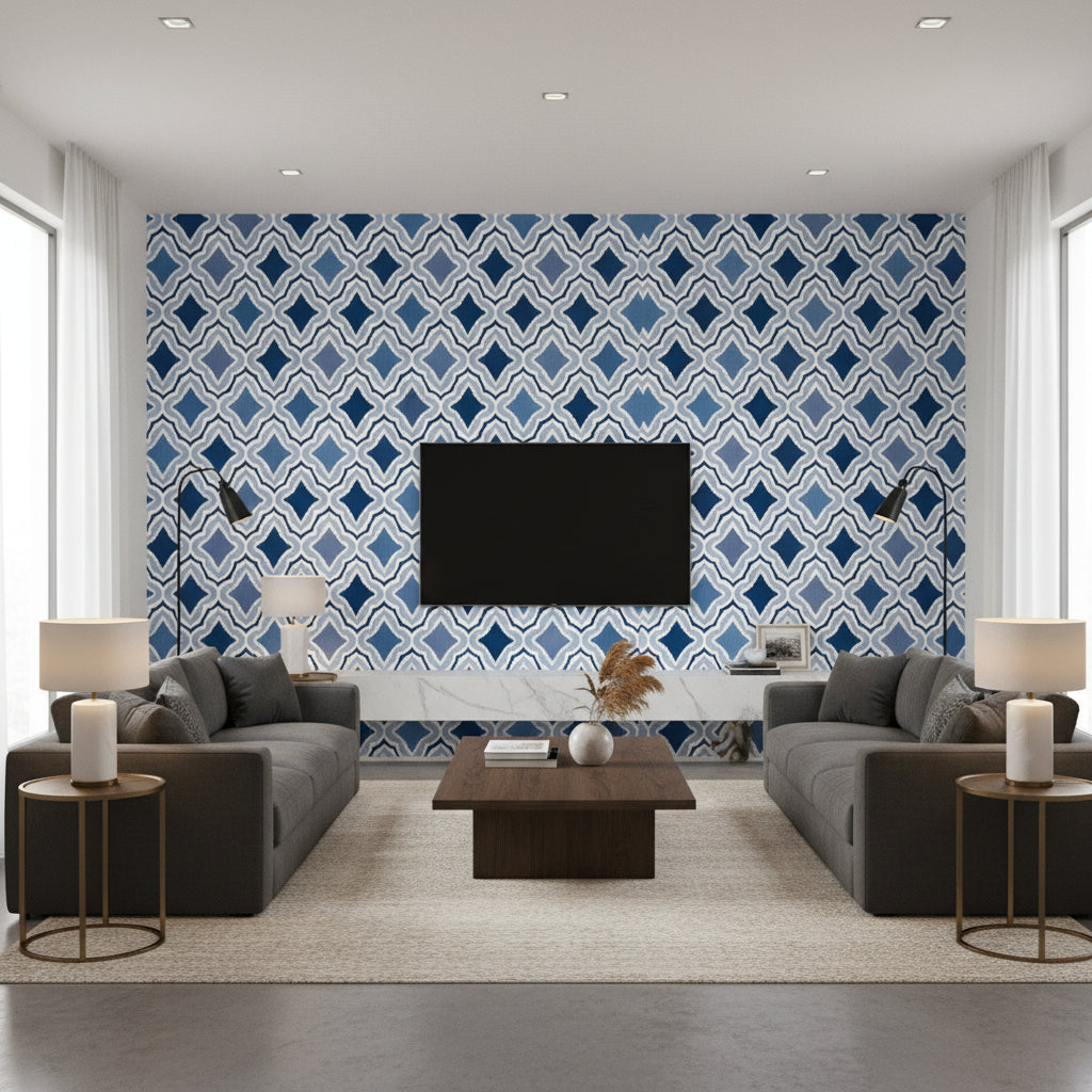 Cruising Blue Blue | Thibaut - Living Room Visualization (AI-generated, may not be to scale. Verify pattern scale with product specifications.)