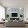Cruising Blue and Green Blue and Green | Thibaut - Living Room Visualization (AI-generated, may not be to scale. Verify pattern scale with product specifications.)
