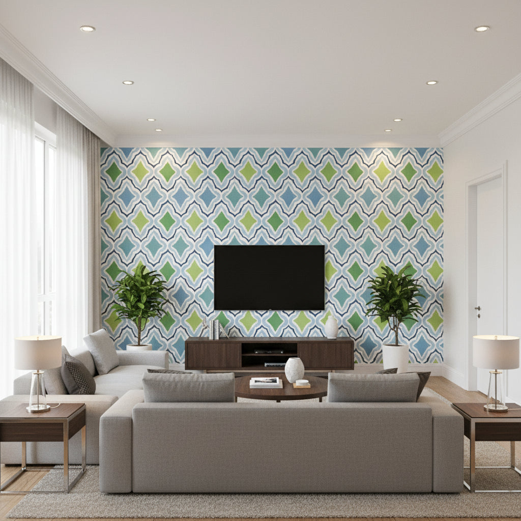 Cruising Blue and Green Blue and Green | Thibaut - Living Room Visualization (AI-generated, may not be to scale. Verify pattern scale with product specifications.)