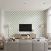Wallcoverings Aqua Aqua | Thibaut - Living Room Visualization (AI-generated, may not be to scale. Verify pattern scale with product specifications.)