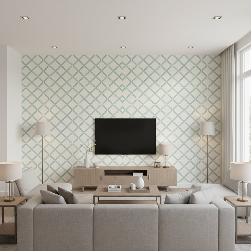 Wallcoverings Aqua Aqua | Thibaut - Living Room Visualization (AI-generated, may not be to scale. Verify pattern scale with product specifications.)