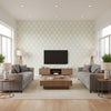 Bonaire Cream on Green on White ivory | Thibaut - Living Room Visualization (AI-generated, may not be to scale. Verify pattern scale with product specifications.)