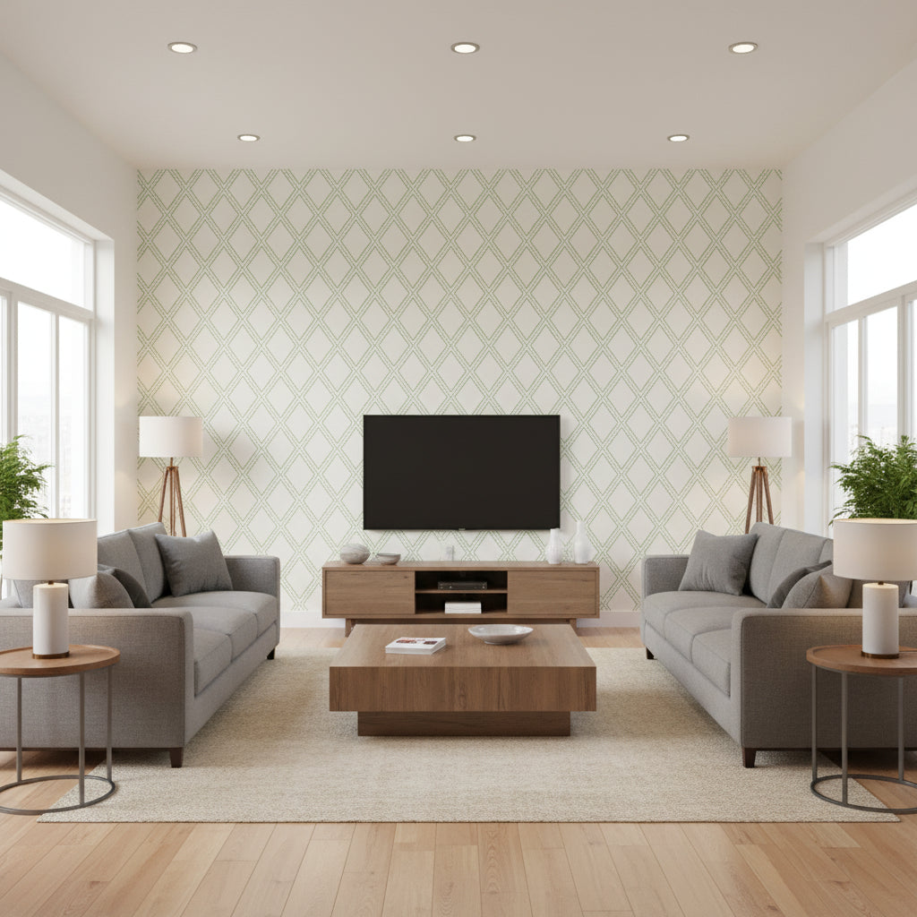 Bonaire Cream on Green on White ivory | Thibaut - Living Room Visualization (AI-generated, may not be to scale. Verify pattern scale with product specifications.)