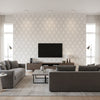 Bonaire Cream on Charcoal and White ivory | Thibaut - Living Room Visualization (AI-generated, may not be to scale. Verify pattern scale with product specifications.)
