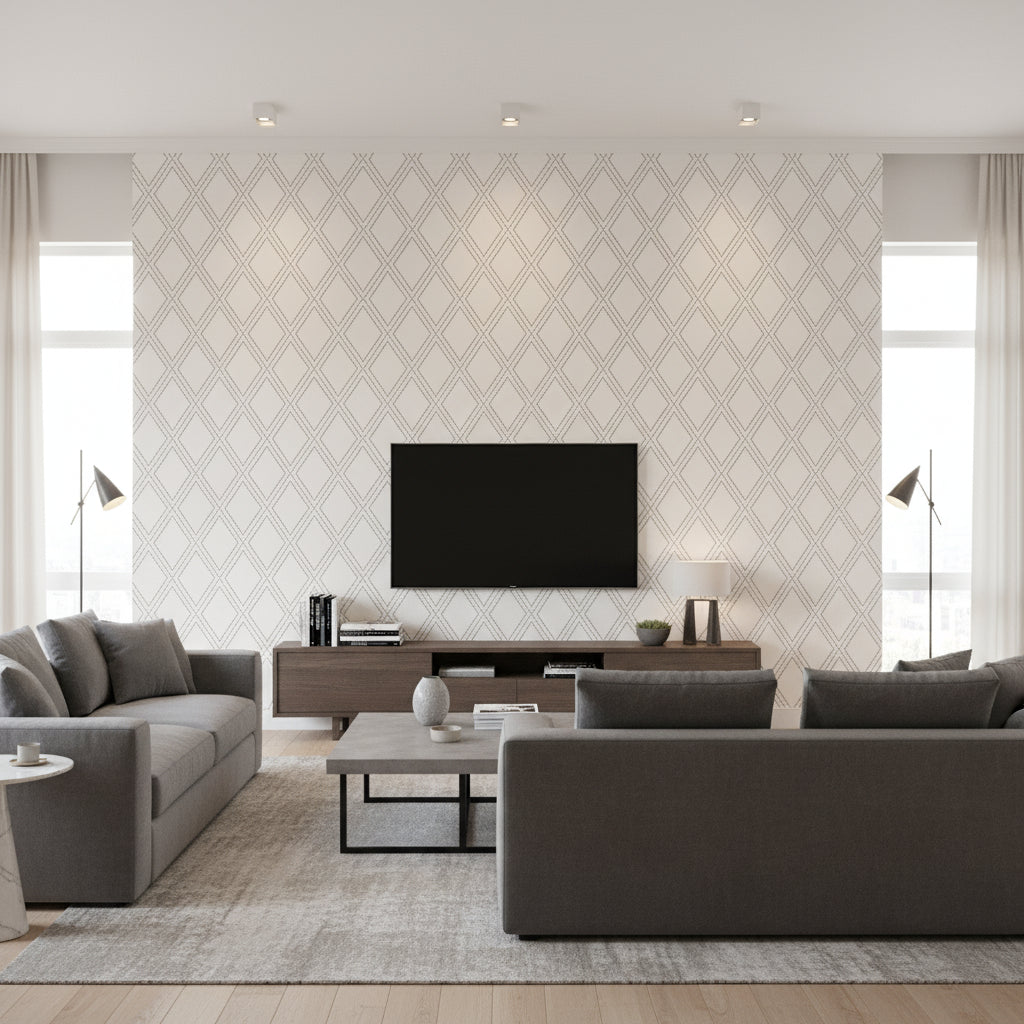 Bonaire Cream on Charcoal and White ivory | Thibaut - Living Room Visualization (AI-generated, may not be to scale. Verify pattern scale with product specifications.)