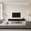 Bonaire White on Beige Beige | Thibaut - Living Room Visualization (AI-generated, may not be to scale. Verify pattern scale with product specifications.)