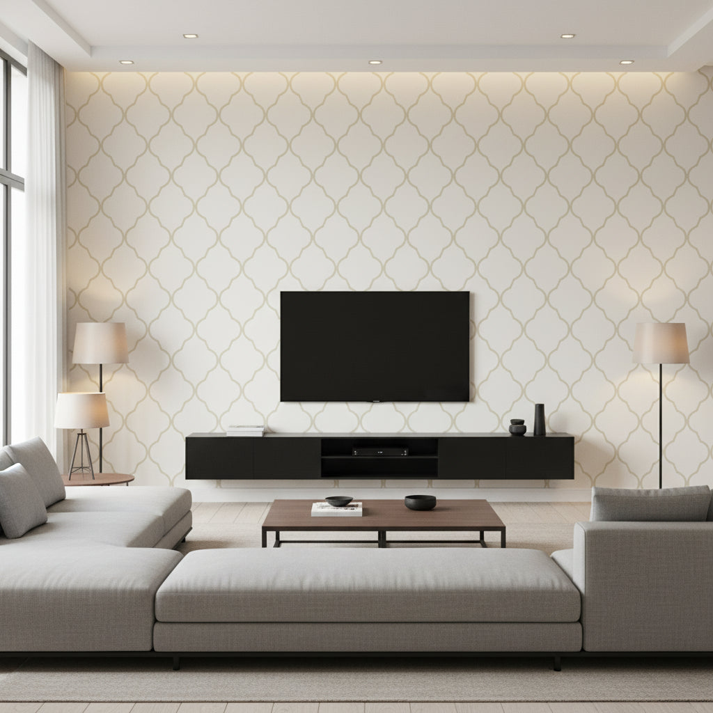 Bonaire White on Beige Beige | Thibaut - Living Room Visualization (AI-generated, may not be to scale. Verify pattern scale with product specifications.)