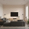 Island Coral Coral | Thibaut - Living Room Visualization (AI-generated, may not be to scale. Verify pattern scale with product specifications.)